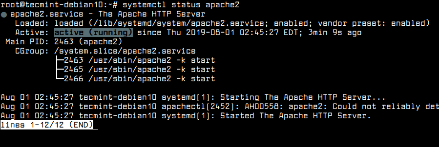 Check Apache Status in Debian 10